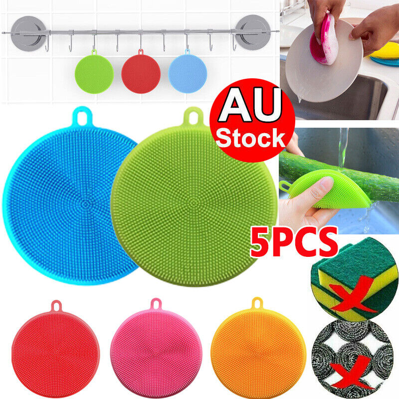 5PCS Kitchen Silicone Scrubber Sponge Brush Dish Pot Pan Washing Cleaning Tools