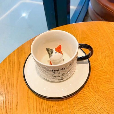 Creative Cartoon Embossed Ceramic Mug Small Animal Mug Cat Coffee Cup With Saucer Household Milk Cup Gift