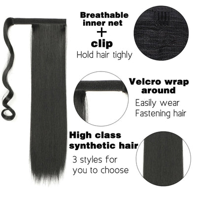 Leeons 20&#39;&#39; Synthetic Ponytail Hair pieces Heat Resistant Fiber Straight Ribbon Clip In Hair Extension 21 colors Brown Black
