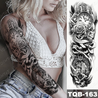 Large Arm Sleeve Tattoo Gun Rose Lion Waterproof Temporary Tatto Sticker Clock Flower Waist Leg Body Art Full Fake Tatoo Women