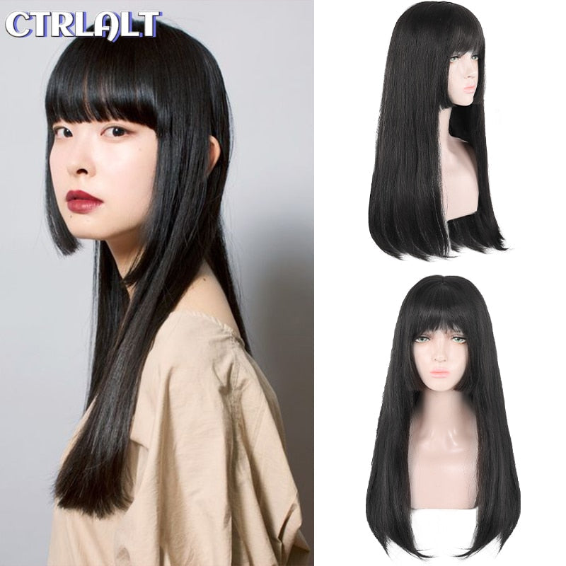 Natural Black Long Straight Hair Wig Synthetic Wig With Bangs Wig Hime Cut Suitable For Daily Wear By Women