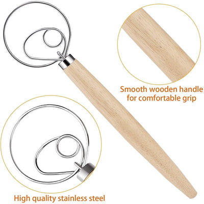 13 inch Danish Dough Whisk Egg Beater Stainless Steel Dutch Bread Dough Mixer DIY Baking Tools Wood Handle Kitchen Gadgets