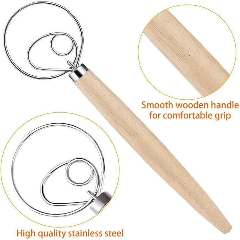 13 inch Danish Dough Whisk Egg Beater Stainless Steel Dutch Bread Dough Mixer DIY Baking Tools Wood Handle Kitchen Gadgets