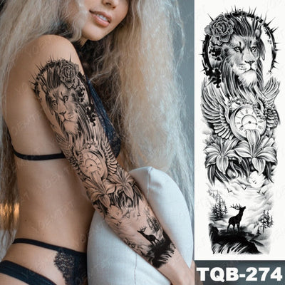 Large Arm Sleeve Tattoo Gun Rose Lion Waterproof Temporary Tatto Sticker Clock Flower Waist Leg Body Art Full Fake Tatoo Women