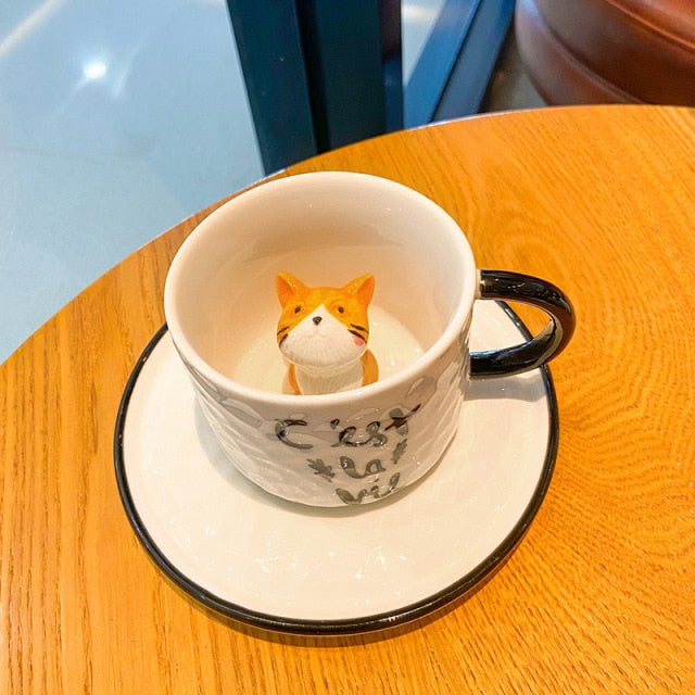 Creative Cartoon Embossed Ceramic Mug Small Animal Mug Cat Coffee Cup With Saucer Household Milk Cup Gift