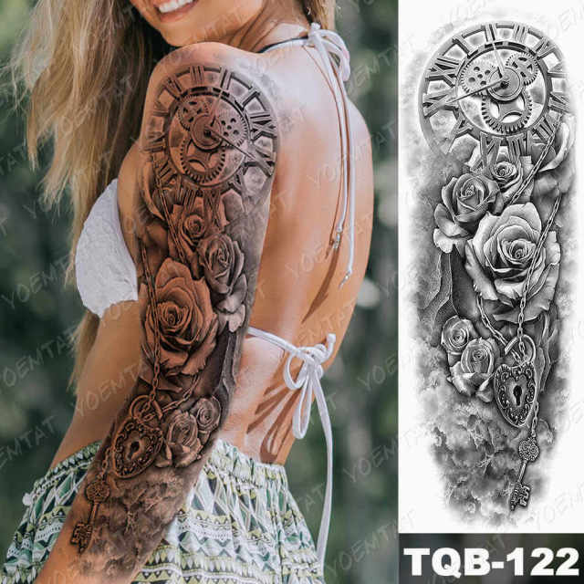 Large Arm Sleeve Tattoo Gun Rose Lion Waterproof Temporary Tatto Sticker Clock Flower Waist Leg Body Art Full Fake Tatoo Women