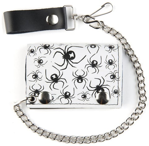 BLACK WIDOW SPIDERS TRIFOLD LEATHER WALLETS WITH CHAIN