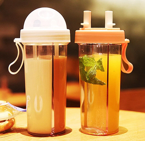 New 420/600ml Water Bottles Portable Dual Straw Separate Drink Water Beverage Bottle Couples Gift