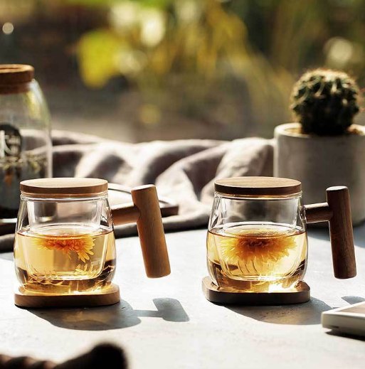 Creative Coffee Cup Separation Filter Tea Cup Transparent Wooden Base With Cover Whiskey Glass Wine Water Bottle Drinkware Mug