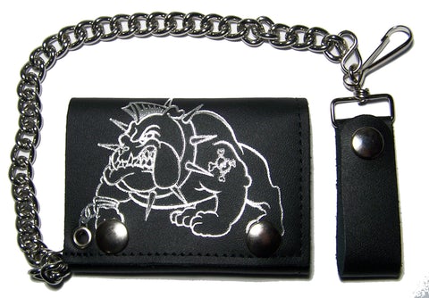 BULLDOG W SPIKED COLLAR TRIFOLD LEATHER WALLETS WITH CHAIN