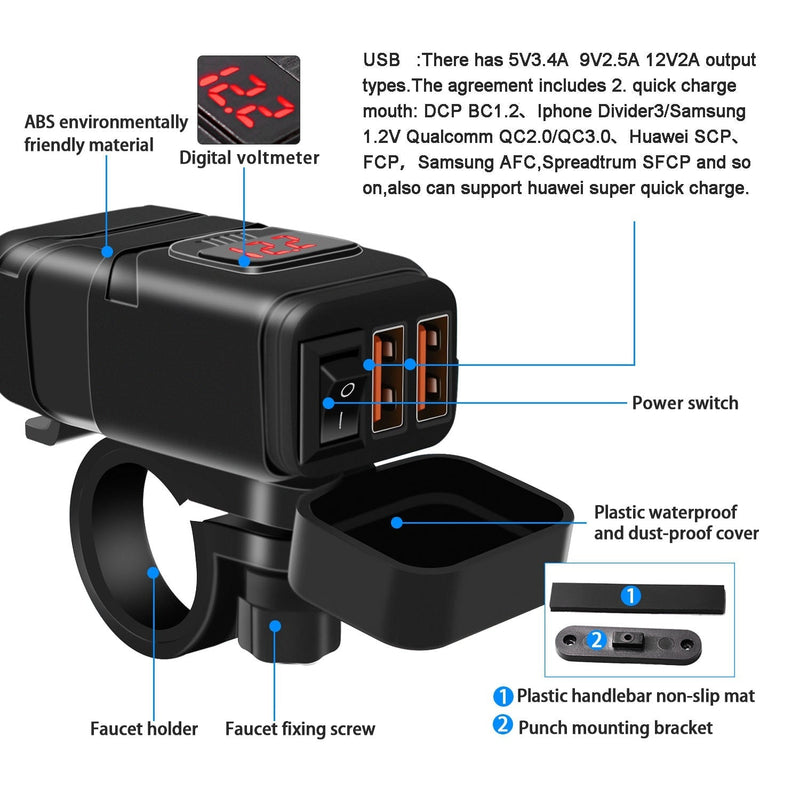 Motorcycle Vehicle-mounted Charger Waterproof Dual USB Adapter 12V Phone Dual Quick Charge 3.0 Voltmeter Switch Moto Accessory