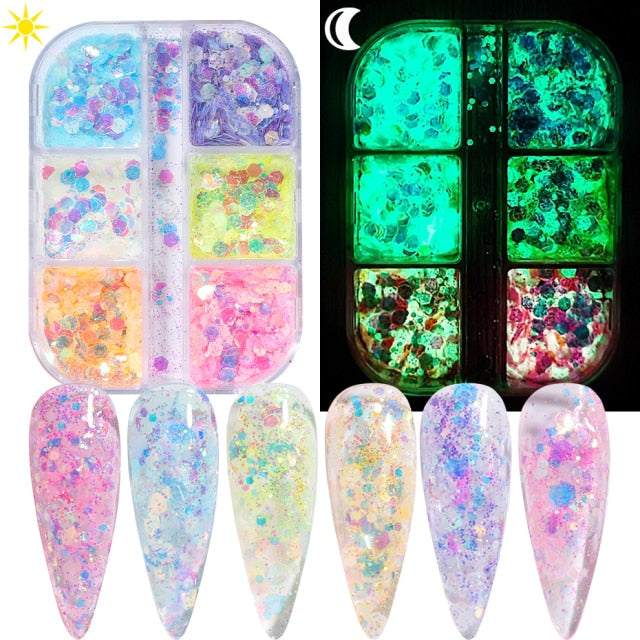 Luminous Nail Neon Glitter Sequin Butterfly Hexagon Fluorescent Green Flake Glow in the Dark Nail Art Manicure Decoration BE1861