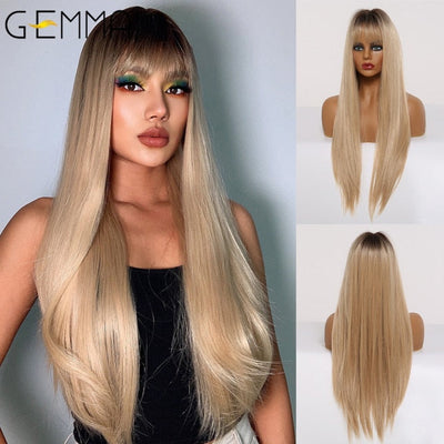 GEMMA Red Brown Copper Ginger Long Straight Synthetic Wigs for Women Natural Wave Wigs with Bangs Heat Resistant Cosplay Hair