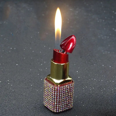 Creative Diamond Lipstick Windproof Press Type Butane Inflatable Lighter Ladies Pink Flame Lighter Cute Girl Gift