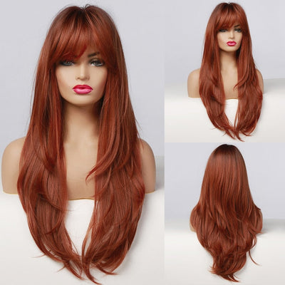 GEMMA Red Brown Copper Ginger Long Straight Synthetic Wigs for Women Natural Wave Wigs with Bangs Heat Resistant Cosplay Hair