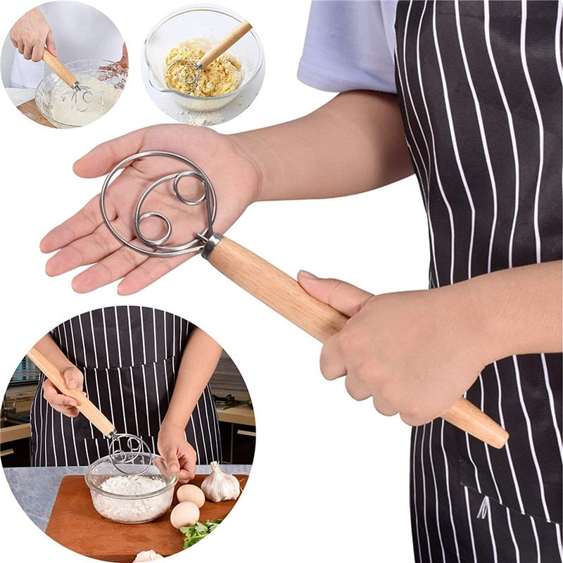 13 inch Danish Dough Whisk Egg Beater Stainless Steel Dutch Bread Dough Mixer DIY Baking Tools Wood Handle Kitchen Gadgets