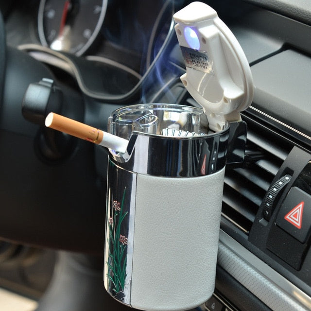 Portable LED Light Ashtray Universal Cigarette Cylinder Holder Carbon Fiber Car Ashtray