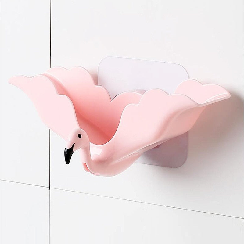 Flamingo Soap Dish Keep Soap Dry Clean Shower Soap Saver Tray Plastic Adhesive Drain Sponge Holder Bathroom Tool