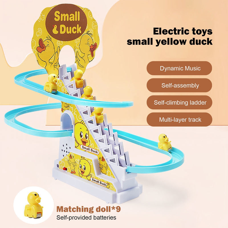 Electric Toy Little Yellow Duck Climbing Stairs and Slide Toy Set with LED Flashing Light/Music Track Toy Children&