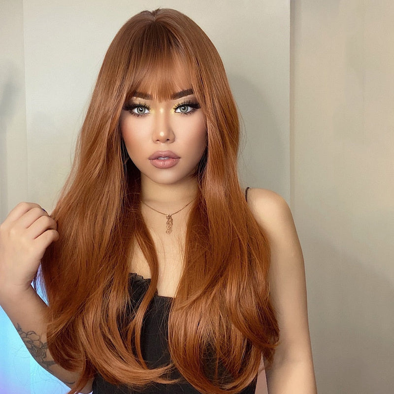 GEMMA Red Brown Copper Ginger Long Straight Synthetic Wigs for Women Natural Wave Wigs with Bangs Heat Resistant Cosplay Hair