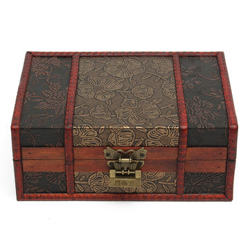 Red Vintage Retro Flower Carved Wooden Jewelry Box