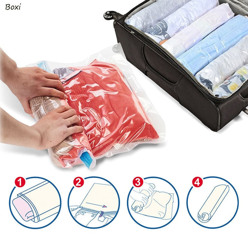 Boxi Hand Rolling Compression Vacuum Bag For Clothes Storage Bag Transparent Plastic Travel Organizer Clothes Seal Storage Bags