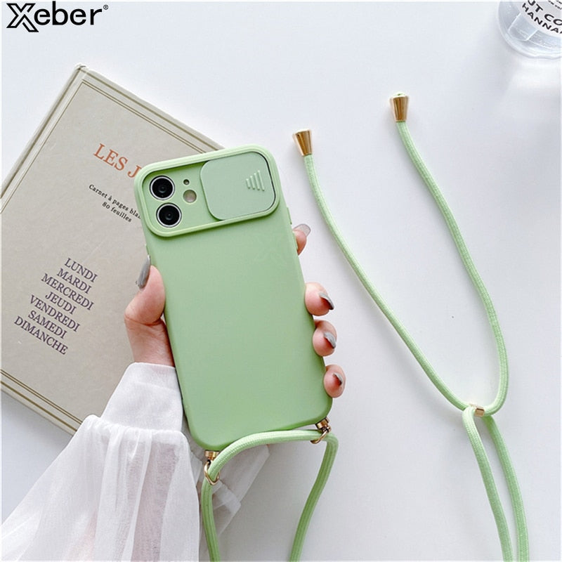 Necklace Strap Rope Lanyard Silicone Case For iPhone 13 Pro Max 12 11 XR XS X Mini SE 7 8 Plus Push Pull Camera Protection Cover