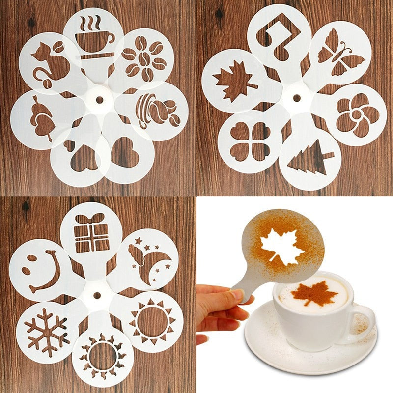 19Pcs Coffee Stencils Fancy Coffee Printing Model Foam Spray Cake Stencils Coffee Drawing Cappuccino Mold Powdered Sieve Tools