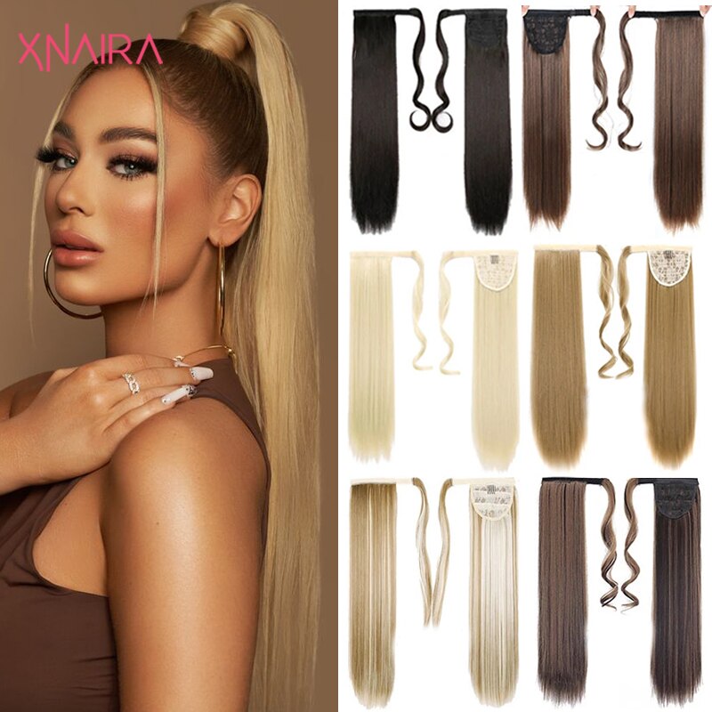 Xnaira Long Syntheti Straigight Wrap Around  Ponytail Fake Hair Pony Tail For Women Clip In Hair Extension High Temperture Fiber