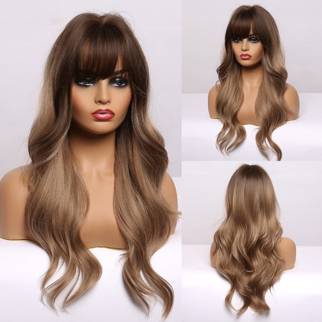 GEMMA Red Brown Copper Ginger Long Straight Synthetic Wigs for Women Natural Wave Wigs with Bangs Heat Resistant Cosplay Hair