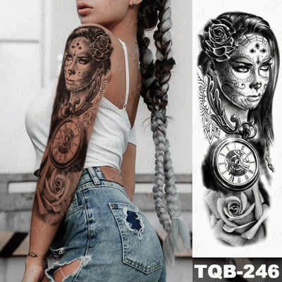 Large Arm Sleeve Tattoo Gun Rose Lion Waterproof Temporary Tatto Sticker Clock Flower Waist Leg Body Art Full Fake Tatoo Women