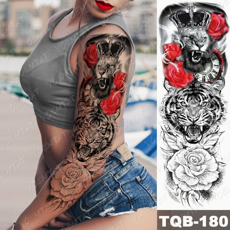 Large Arm Sleeve Tattoo Gun Rose Lion Waterproof Temporary Tatto Sticker Clock Flower Waist Leg Body Art Full Fake Tatoo Women