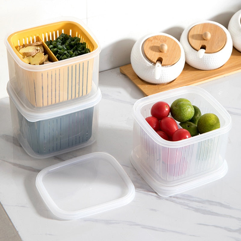 Compartment Fruit Vegetable Storage Box Kitchen Sealed Box Draining Ginger Garlic Refrigerator Storage Organizer