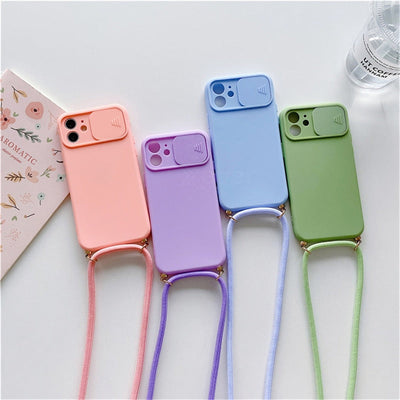 Necklace Strap Rope Lanyard Silicone Case For iPhone 13 Pro Max 12 11 XR XS X Mini SE 7 8 Plus Push Pull Camera Protection Cover