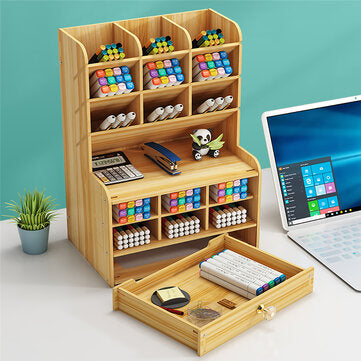 Pen Holder Wooden Pencil Storage Case Rack Drawer