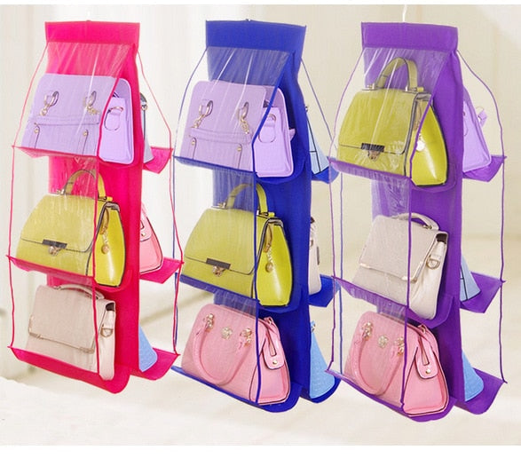 6 Pocket Hanging Handbag Organizer for Wardrobe Closet Transparent Storage Bag Door Wall Clear Sundry Shoe Bag with Hanger Pouch