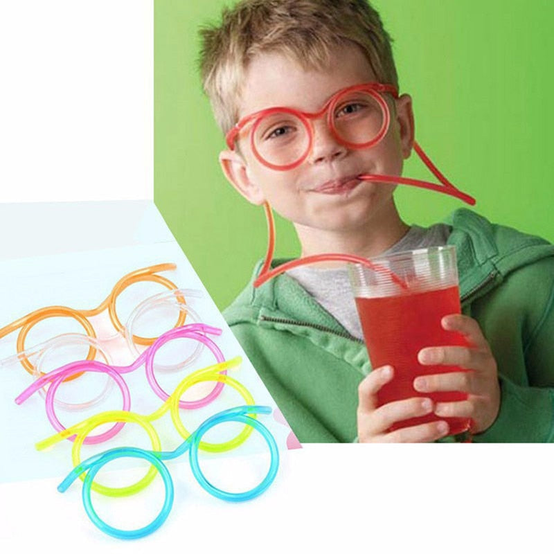 HOT 1PC Fun Soft Plastic Straw Funny Glasses Flexible Drinking Toys Party Joke Tube Tool Kids Baby Birthday Interesting Game Gadgets