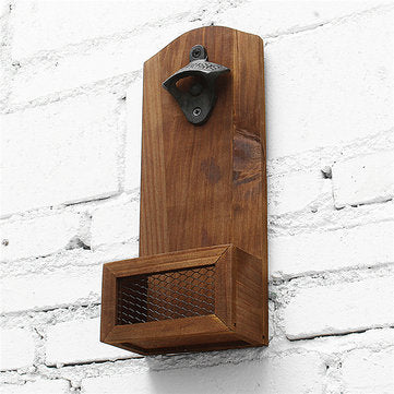 Beer Bottle Opener Drink Cap Catcher Wooden Iron Wall Mounted