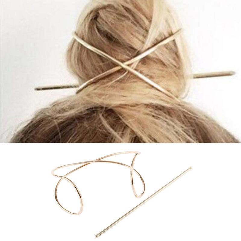 Womens Milimalist Hair Cuff Bun Cage Hair Pin Clips Hair Stick Gold Silver