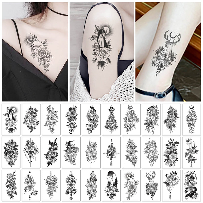 30pcs/Set Women Temporary Tattoo Sticker Black Rose Fake Tatoo Body Hands Arm Leg Flowers Tattos Tatouage Temporaire Femme