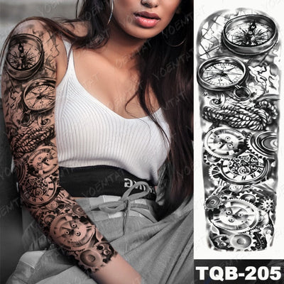 Large Arm Sleeve Tattoo Gun Rose Lion Waterproof Temporary Tatto Sticker Clock Flower Waist Leg Body Art Full Fake Tatoo Women