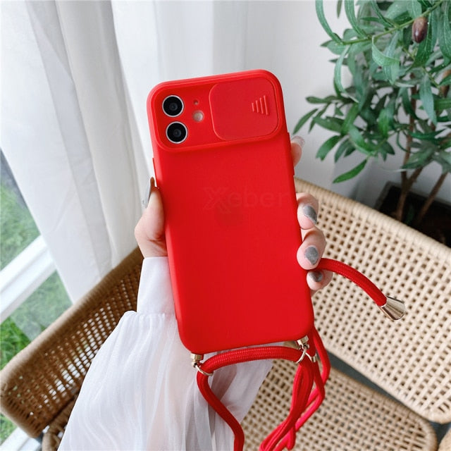 Necklace Strap Rope Lanyard Silicone Case For iPhone 13 Pro Max 12 11 XR XS X Mini SE 7 8 Plus Push Pull Camera Protection Cover