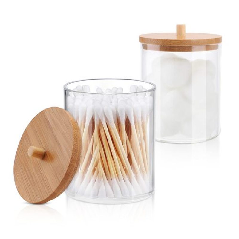 Makeup Cotton Storage Box Cotton Swab For Cosmetic Jewelry Bathroom Container With Bamboo Lid