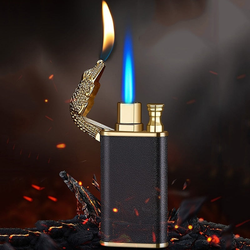 Creative Metal Double Flame Lighter Inflatable Windproof Jet Turbo Cigarette Tiktok Lighter Gas Butane Smoking Gadgets for Men