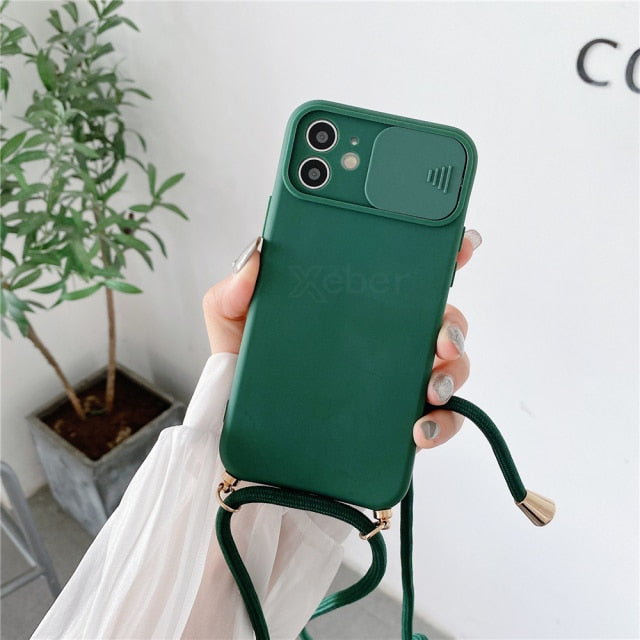 Necklace Strap Rope Lanyard Silicone Case For iPhone 13 Pro Max 12 11 XR XS X Mini SE 7 8 Plus Push Pull Camera Protection Cover