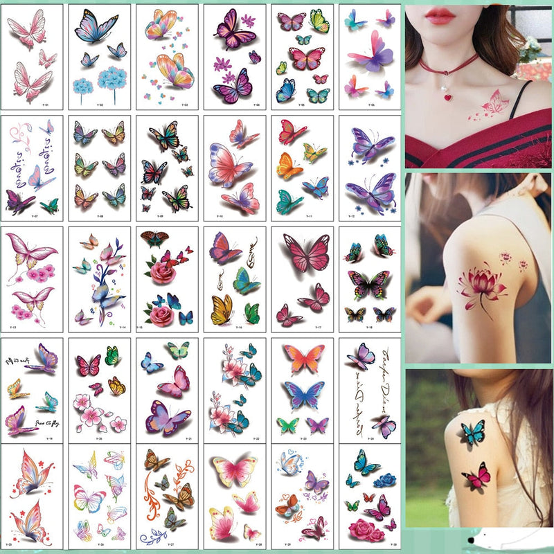 30Pcs 3D Butterfly Tattoo Stickers Waterproof Temporary Arm Clavicle Body Art