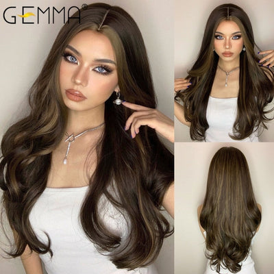 GEMMA Red Brown Copper Ginger Long Straight Synthetic Wigs for Women Natural Wave Wigs with Bangs Heat Resistant Cosplay Hair