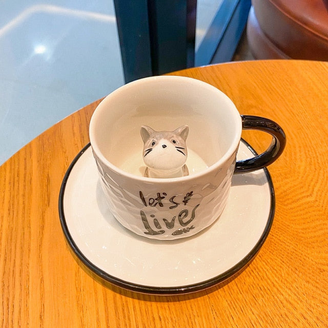 Creative Cartoon Embossed Ceramic Mug Small Animal Mug Cat Coffee Cup With Saucer Household Milk Cup Gift