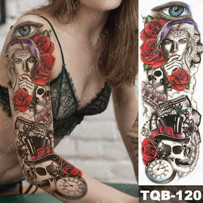 Large Arm Sleeve Tattoo Gun Rose Lion Waterproof Temporary Tatto Sticker Clock Flower Waist Leg Body Art Full Fake Tatoo Women