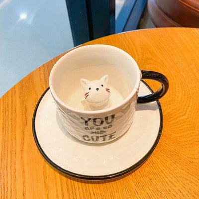 Creative Cartoon Embossed Ceramic Mug Small Animal Mug Cat Coffee Cup With Saucer Household Milk Cup Gift